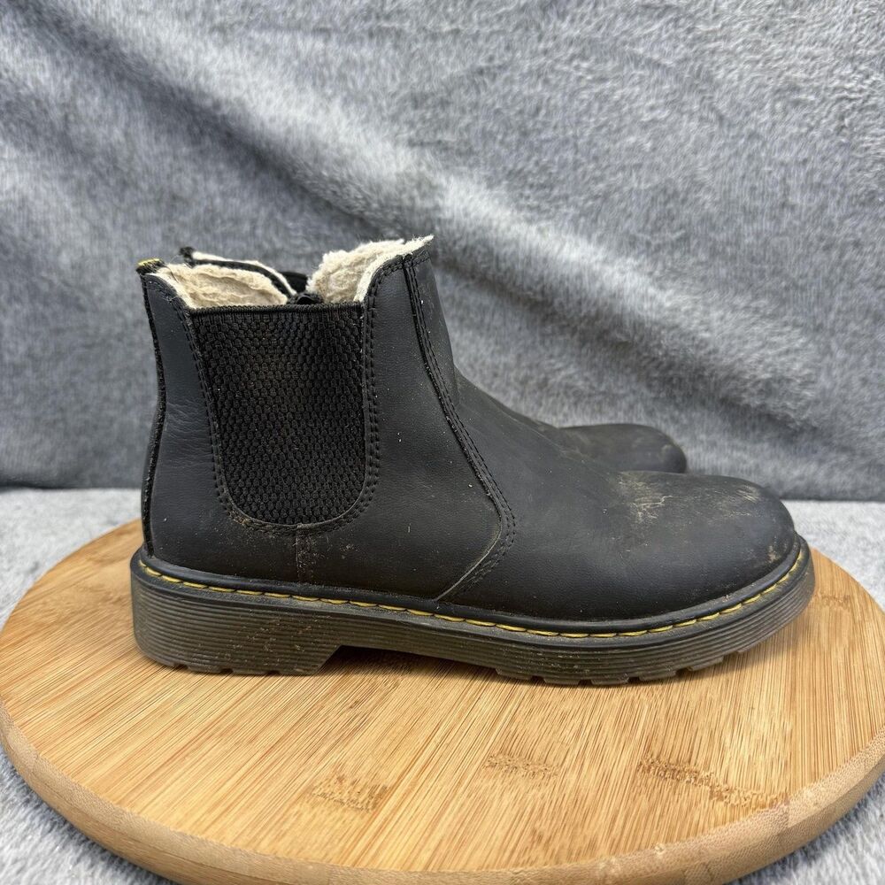 Dr Martens 2976 Leonore Boots Womens Size 5 Black Leather Faux Fur Chelsea Ankle